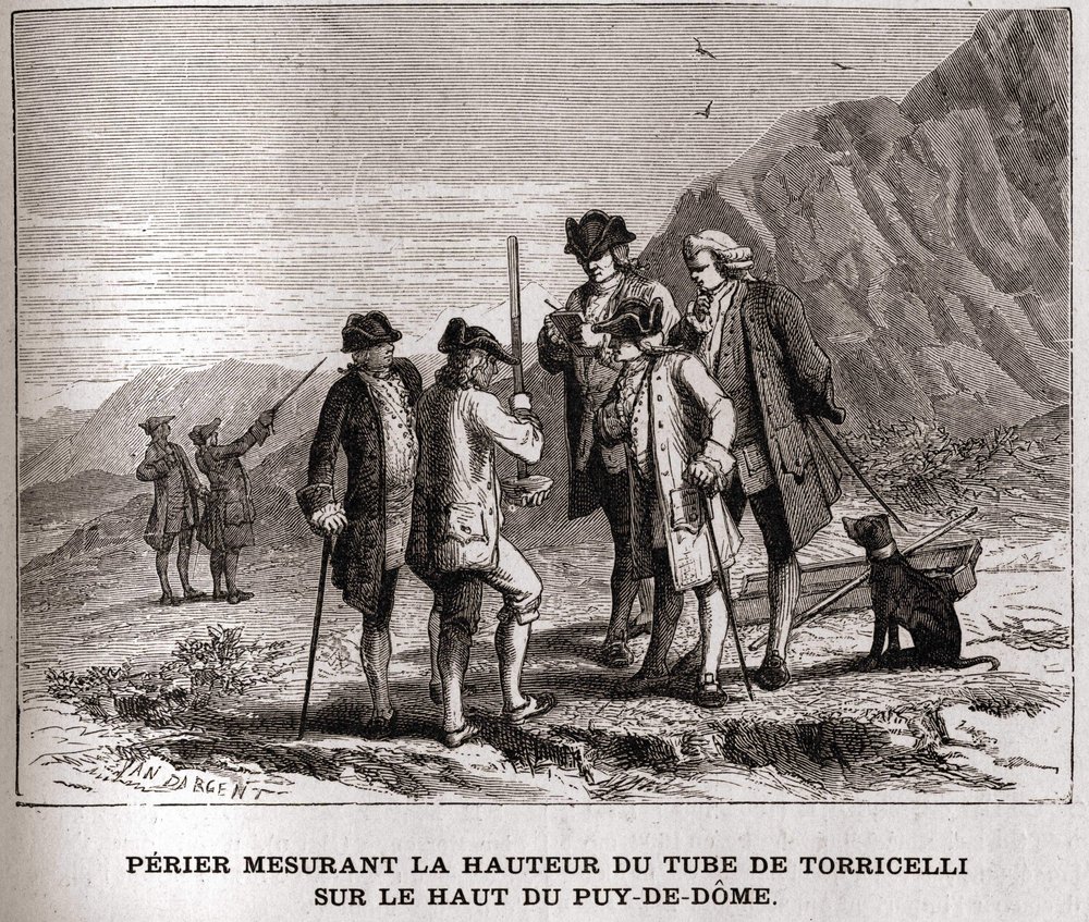 Perier midiendo la altura del barómetro (tubo de mercurio) por Evangelista Torricelli en la cima del Puy-de-Dôme el 20 de septiembre de 1618, grabado del siglo XIX, colección Bianchetti de Unknown artist