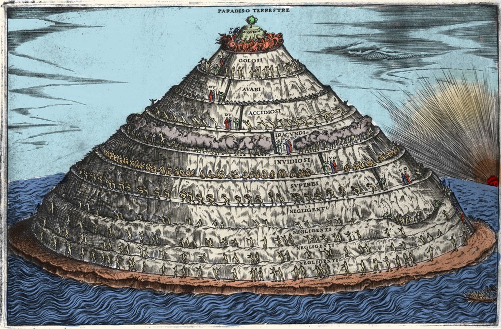 Representación del Purgatorio según la Divina Comedia de Dante Alighieri (1265-1321): el Paraíso terrenal está en la cima. Grabado anónimo del siglo XVII de Unknown artist