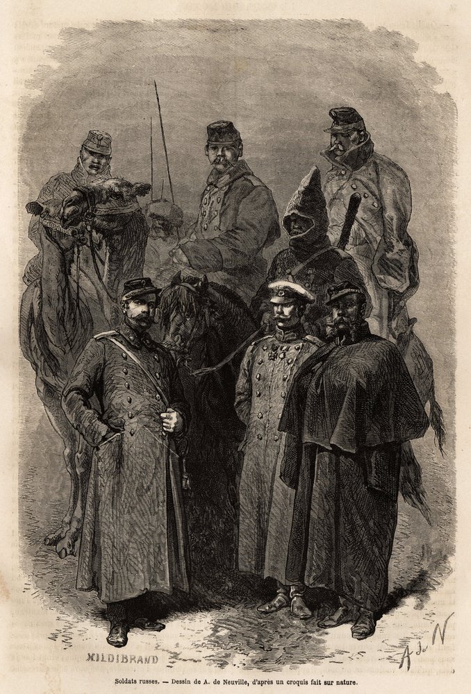 Soldados rusos, que mantienen la autoridad del emperador en el vasto territorio de Rusia, el ejército ruso también permitió un ascenso social muy rápido, otorgando ciertos privilegios e instrucción a cada uno de sus miembros. Grabado para ilustrar 