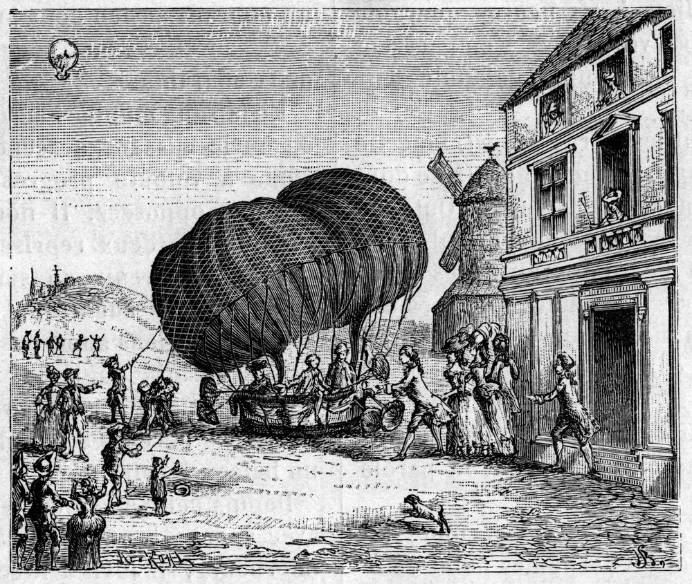 El primer aerostato alargado por los hermanos Robert frente al castillo del Príncipe de Ghistelles el 19 de septiembre de Unknown artist