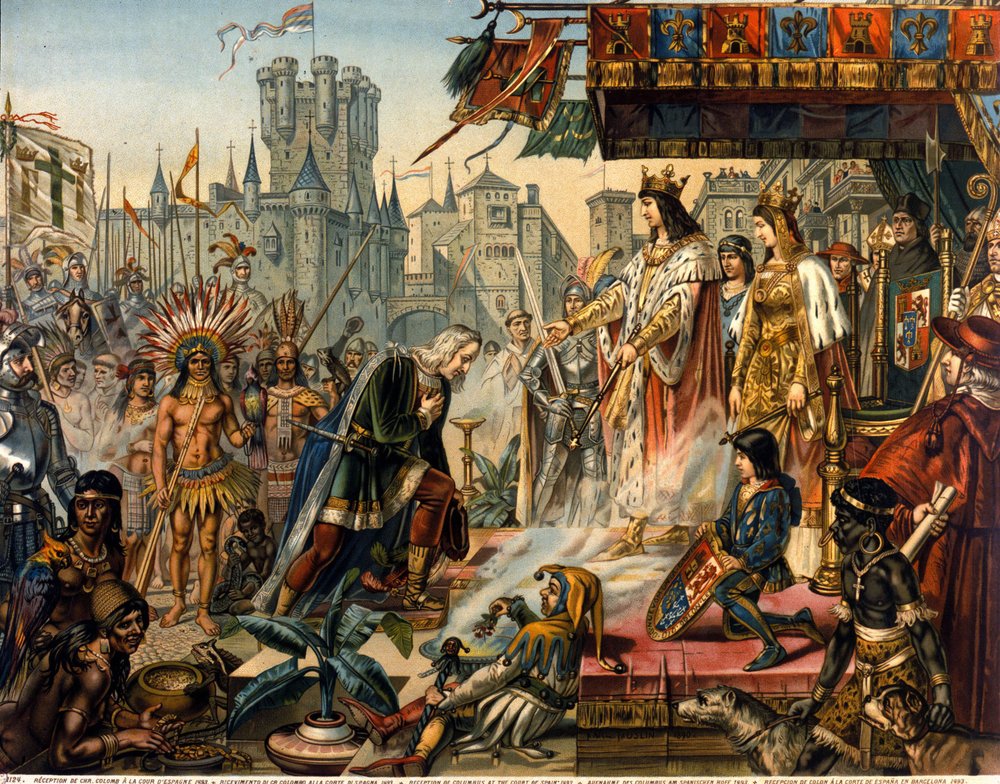 El regreso de Cristóbal Colón a España ante el rey Fernando II de Aragón e Isabel I de Castilla (llamada la Católica) tras descubrir América. Grabado del siglo XIX. de Unknown artist
