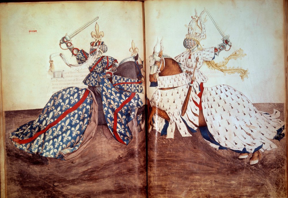 Torneo: Juego del señor llamante y señor demandado (Duque de Bretaña y Duque de Borbón frente a frente). Manuscrito “Libro de torneos” (Folio 32v - folio33) por René de Anjou de Unknown artist