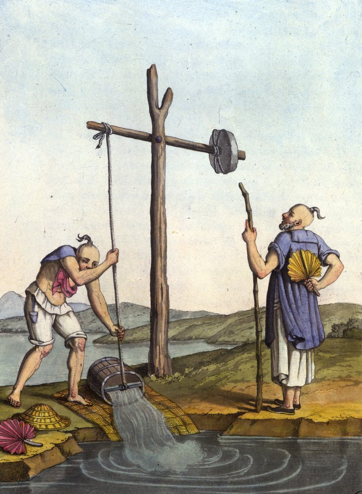 Sistema de irrigación de agua en China - en Le costume ancien et moderne por J. Ferrario, ed. Milán de Unknown artist