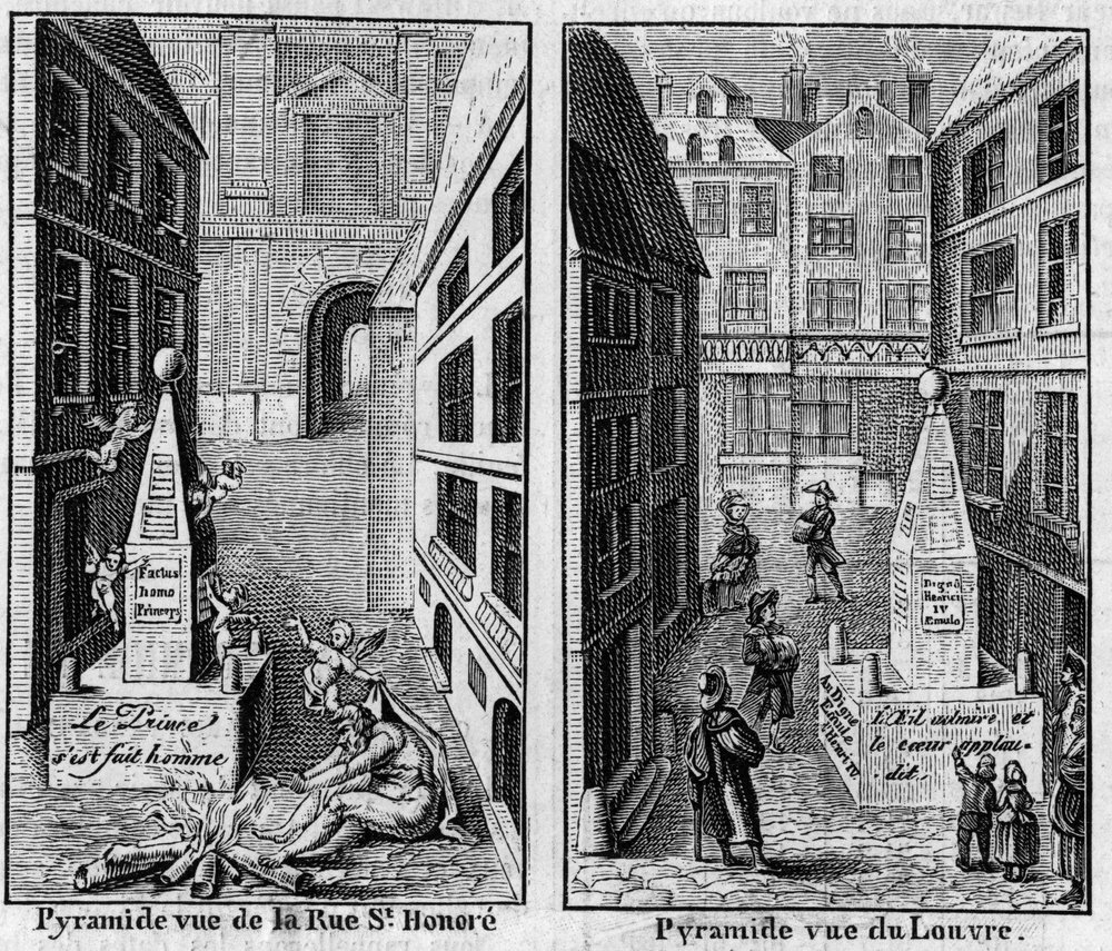 Pirámide de invierno 1784 en París. Facsímil de dos grabados publicados en “La Pyramide de neige”, almanaque de 1786. Grabado en “La Nature: revue des sciences et de leurs aplicaciones aux arts et a l
