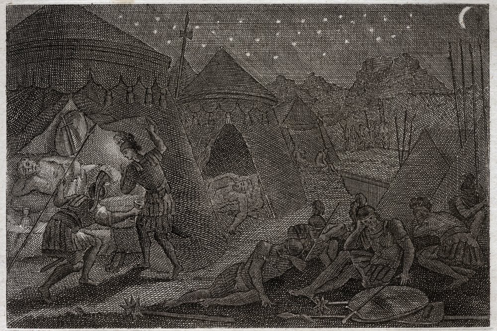 Biblia de Royaumont, Antiguo Testamento: David salva a Saúl. David tiene a Saúl en sus manos, pero no lo hiere. Solo toma la lanza y su copa. Ilustración de 1811. de Unknown artist