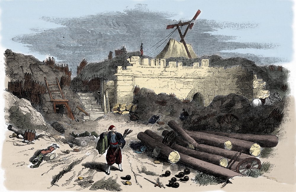 Guerra de Crimea (1853-1856): telégrafo de Claude Chappe a Malakoff - grabado de Unknown artist