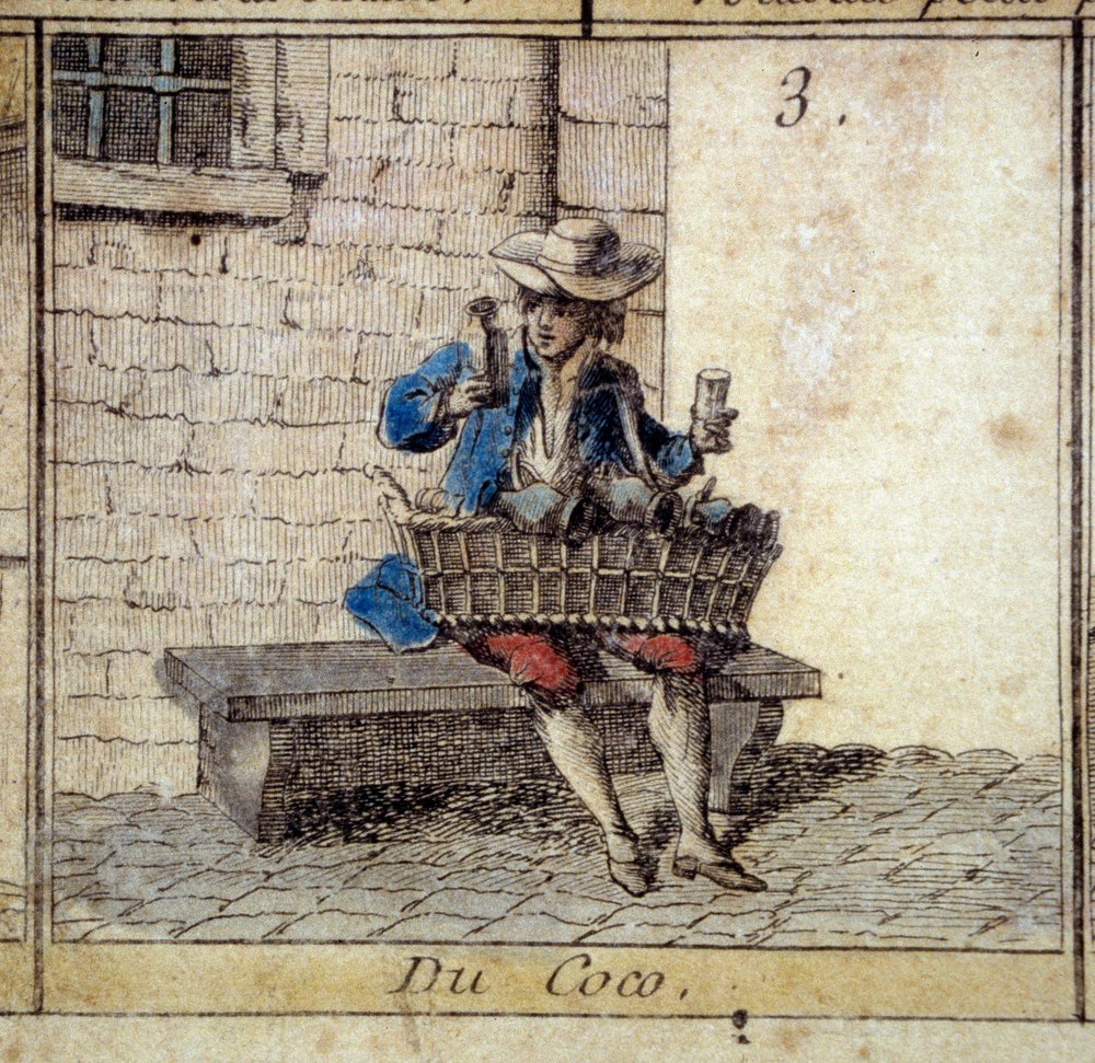 Detalle del juego de la oca de los Cree de París: el comerciante de cocos (vendiendo baratijas). Grabado del siglo XVIII. Coll. Depart. de Unknown artist