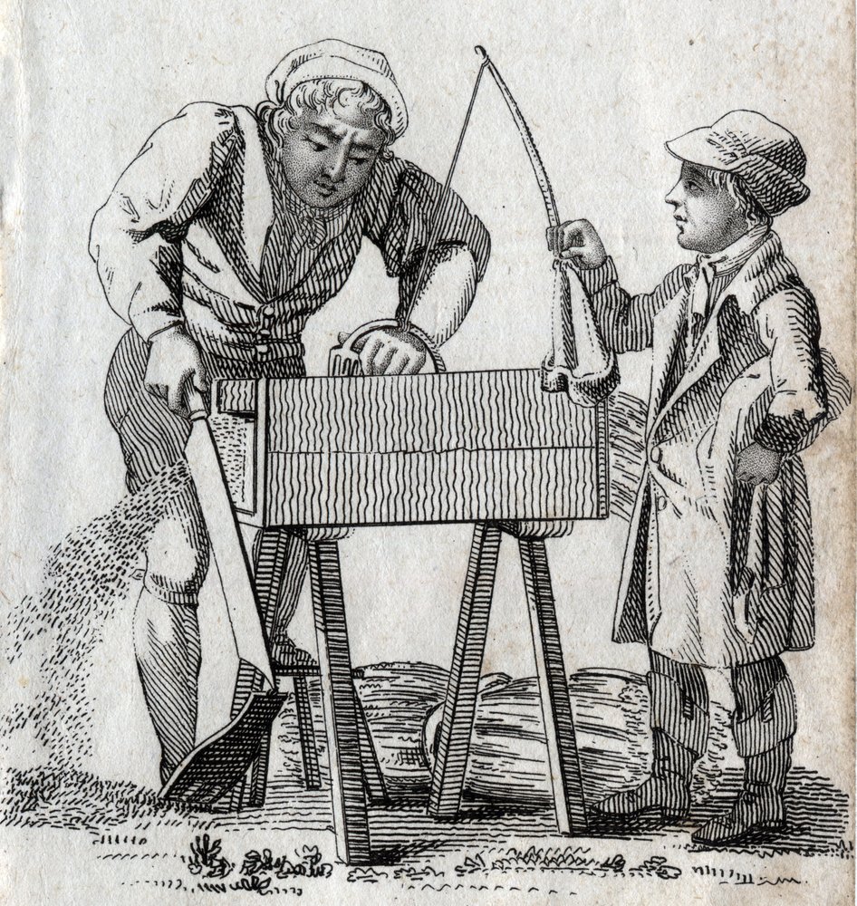 Carpintero y aprendiz. Grabado de finales del siglo XVIII. Colección privada. de Unknown artist