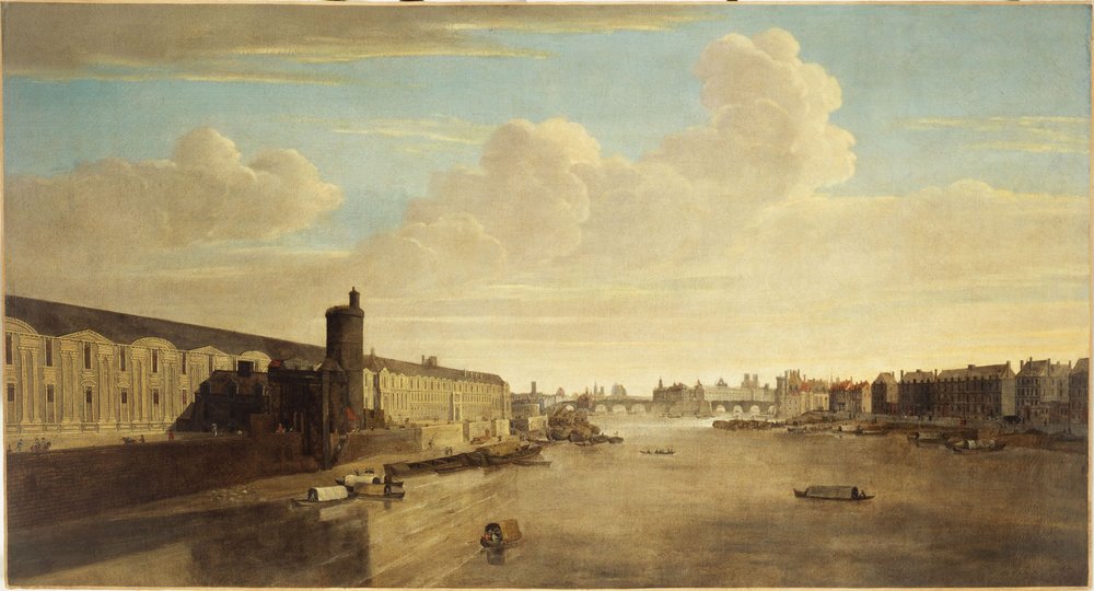 La Gran Galería del Louvre, con la Porte Neuve, el Pont-Neuf, la Cité, la Tour de Nesle y el Quai Malaquais, hacia 1640, actuales distritos 1 y 6, entre 1635 y 1645 (óleo sobre lienzo). de Unknown artist