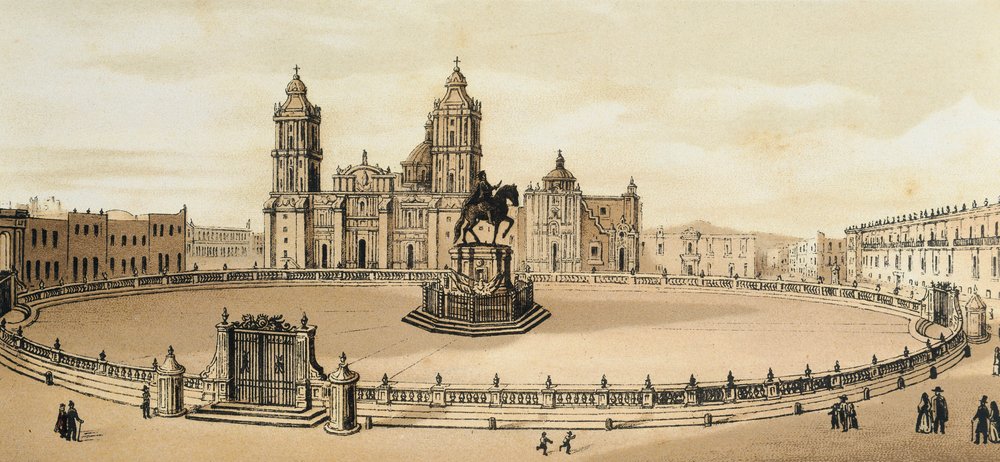 Vista de la Plaza del Zócalo y la Catedral en la Ciudad de México, México. Litografía de finales del siglo XIX de Unknown artist