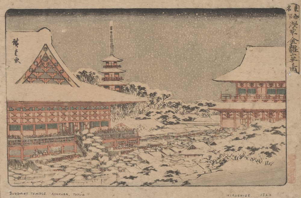 Feria de fin de año en el templo Kinryuzan de Utagawa Hiroshige