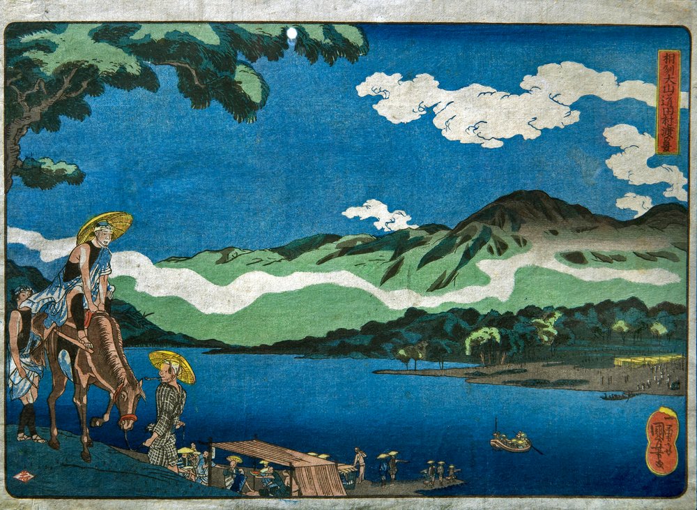 Vista del ferry de Tamura en el camino de Ōyama en la provincia de Sagami (Sōshū Ōyama-dō Tamura no watashi no kei) de Utagawa Kuniyoshi