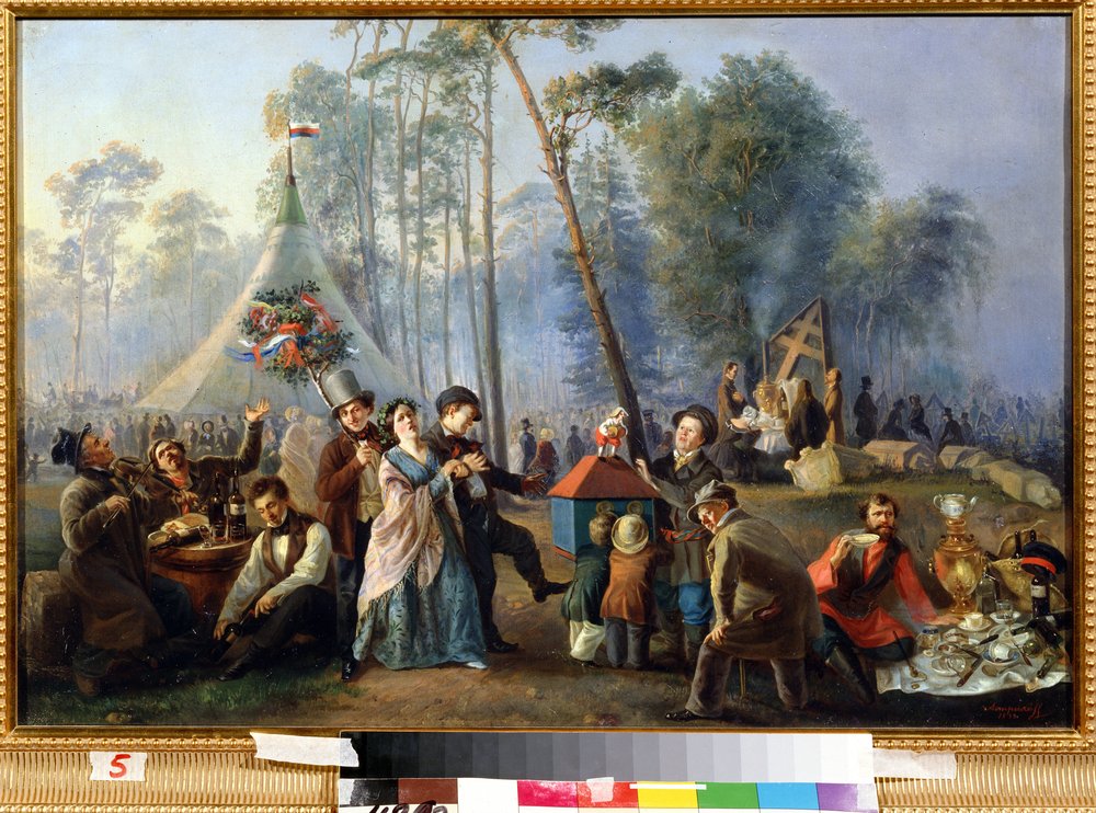 Distracción publique a Maryina Roshcha a Moscou (Alegría pública en Maryina Roshcha en Moscú). Pintura de Vasili Yegorovich Astrakhov (?-apres 1867). Huile sur toile, 49 x 73 cm de Vasili Egorovich Astrakhov