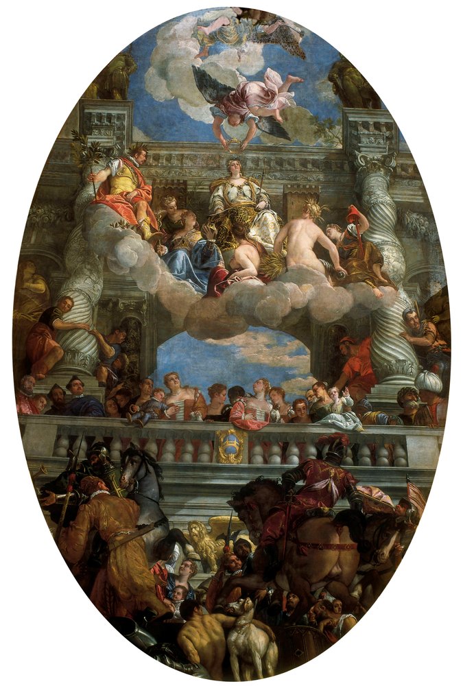 «El triunfo de Venecia» - Personificación de la ciudad de Venecia, rodeada por la Paz, la Abundancia, la Fama, la Felicidad, el Honor, la Seguridad y la Libertad. Pintura de Paolo Caliari, llamado Paolo Veronese de Veronese