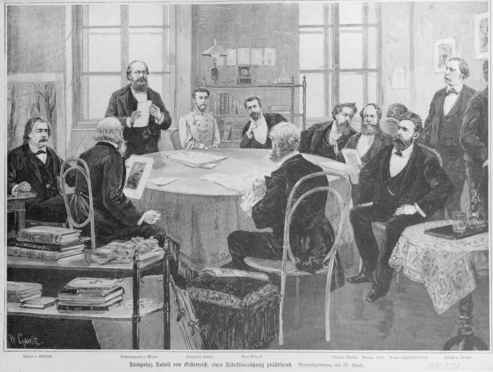 El príncipe heredero Rodolfo en una reunión editorial (xilografía) de Wilhelm Gause