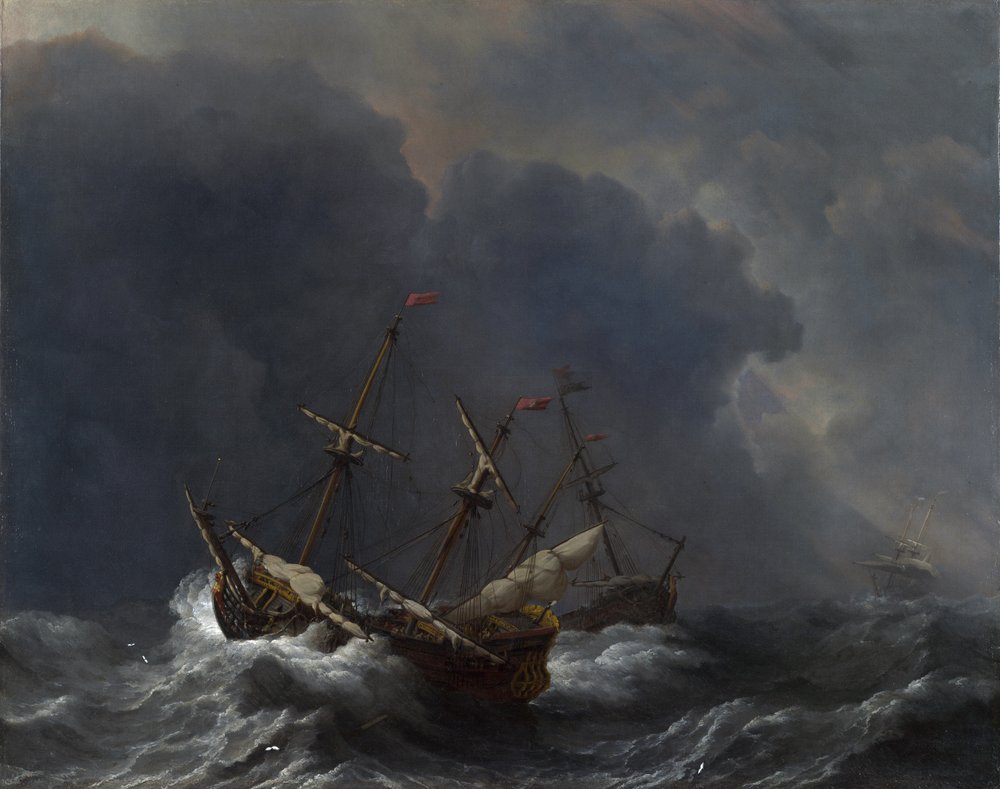 Tres barcos en una tormenta de Willem van de Velde the Younger