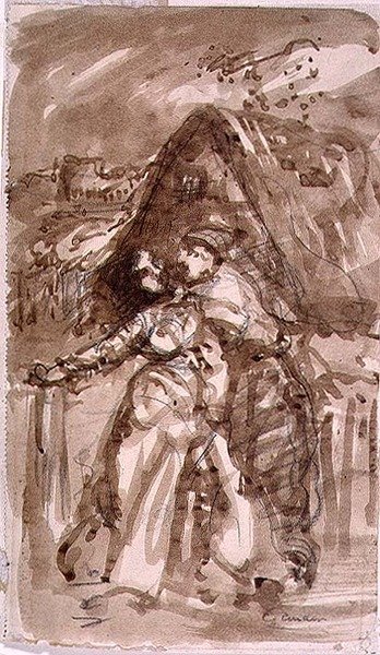 Boceto de un hombre abrazando a una mujer en la puerta de una cabaña de William Collins