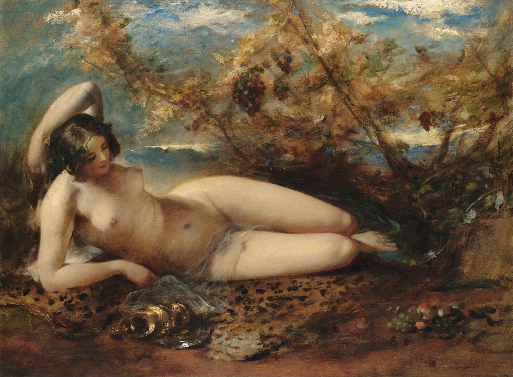 Una joven reclinada en una alfombra de piel de William Etty