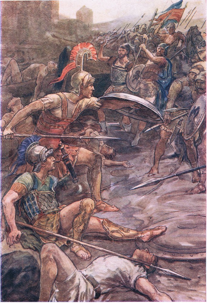 Epaminondas defendiendo a Pelópidas, de Plutarch Lives publicado por T C & E C Jack Ltd, 1920s de William Rainey
