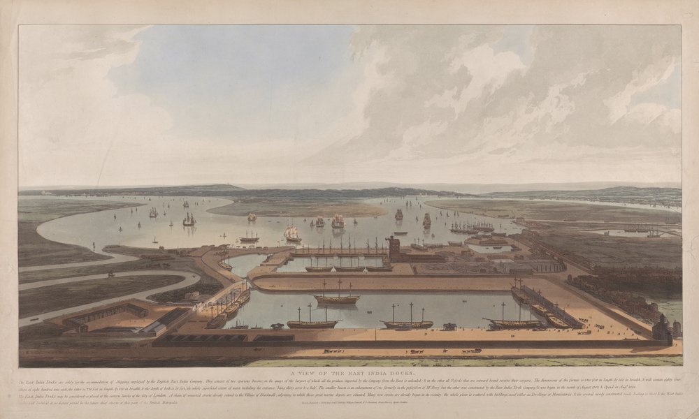 Vista de los muelles de la Compañía de las Indias Orientales de William Daniell