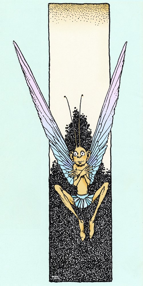 Un duende representado en el acto V de "Sueño para una noche de verano" de William Shakespeare (1595), dibujo de W. Heat Robinson, edición ilustrada de 1914, Constable. de William Heath Robinson