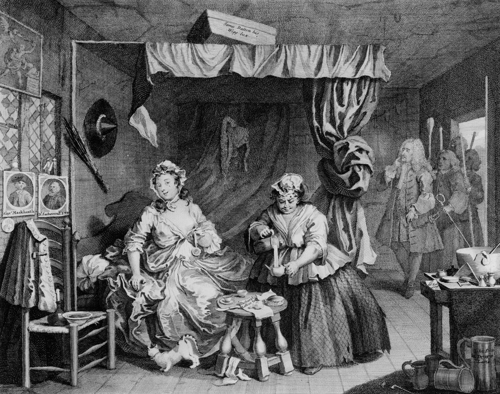 El progreso de una ramera, placa III, 'Aprehendida por el magistrado', 1732