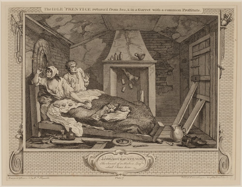 El aprendiz ocioso regresado del mar y en un desván con una prostituta común, de la serie "Industria y Ociosidad", octubre 1747 de William Hogarth