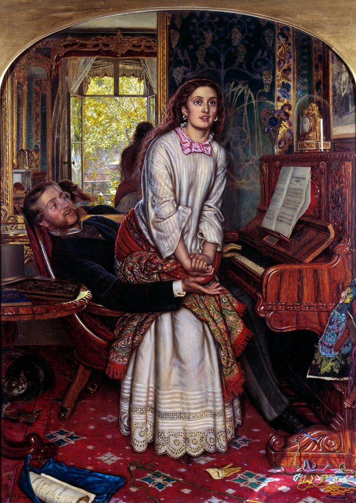 La conciencia despierta. Una joven pecadora se levanta de repente, atormentada por una revelación espiritual, tratando de escapar de los brazos de su amante. Pintura de William Holman Hunt (1827-1910) de William Holman Hunt