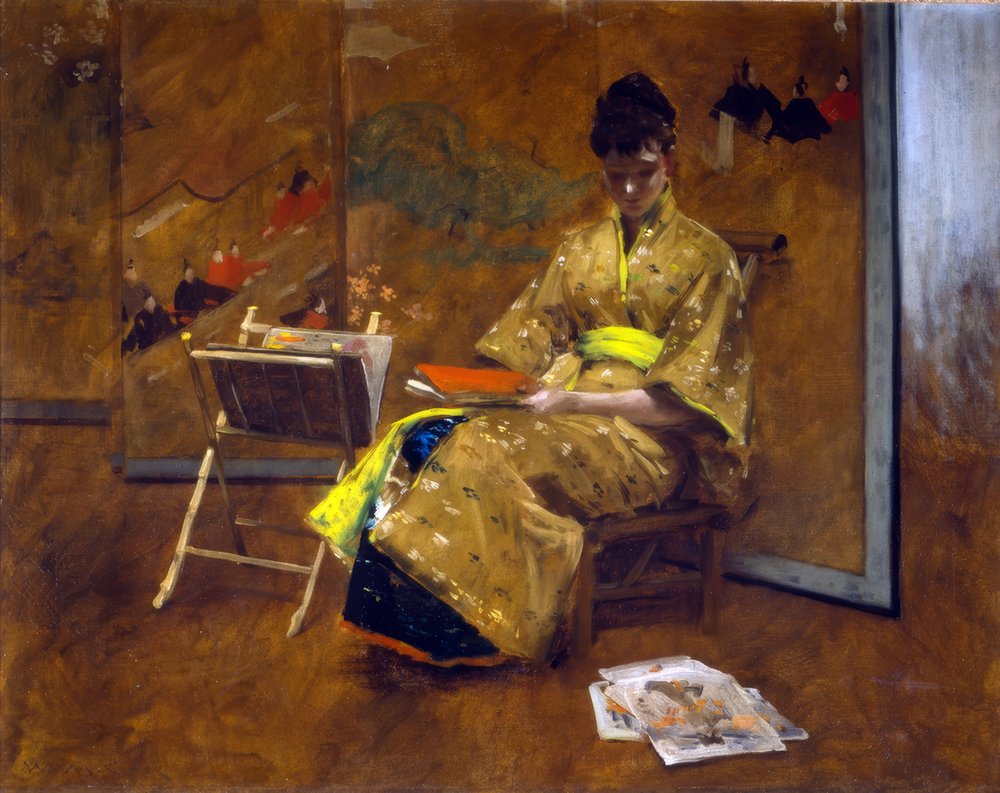 Una chica en bata japonesa. El kimono ca. 1887. de William Merritt Chase