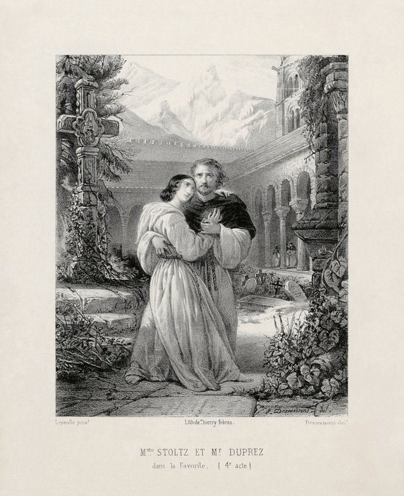 Gilbert Duprez (1806-1896) como Fernando y Rosine Stoltz (1815-1903) como Leonor de Guzmán en el Acto IV de 