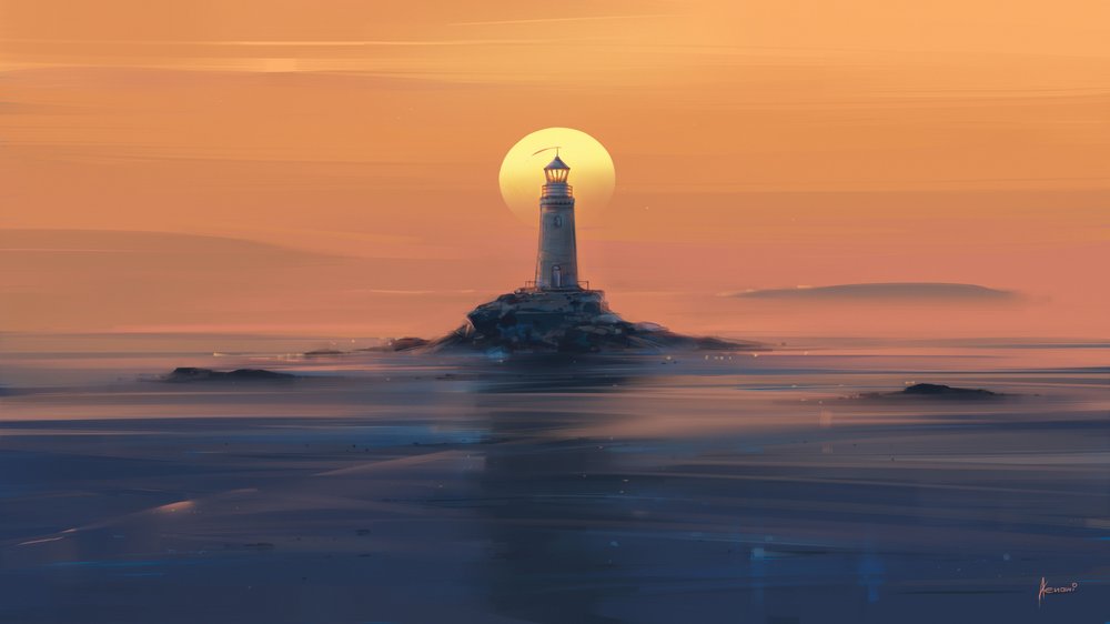 Puesta de sol en el faro dorado de Alena Aenami