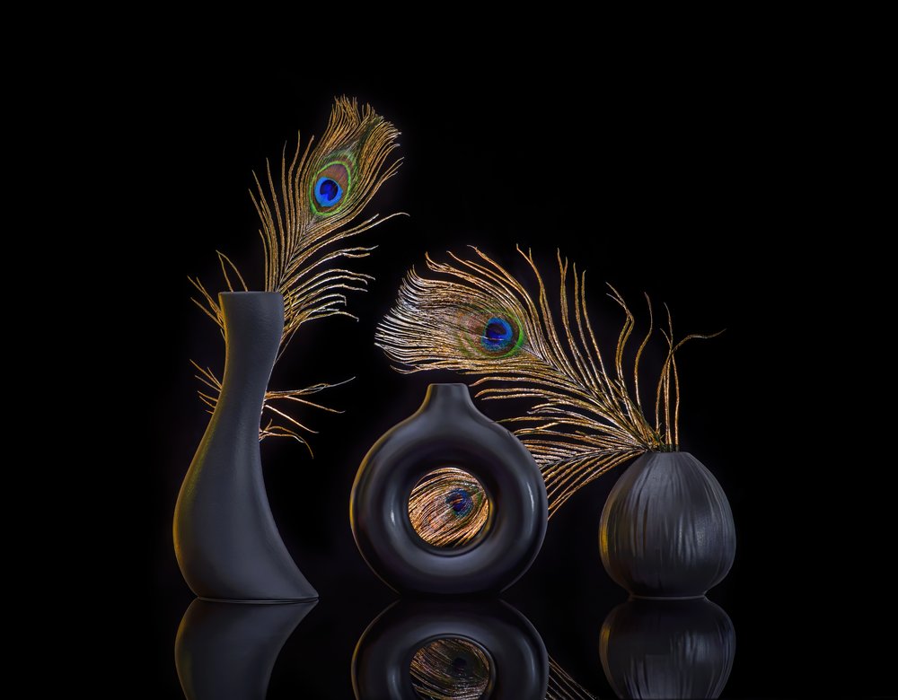 Elegante naturaleza muerta con pavo real de Alice Sheng