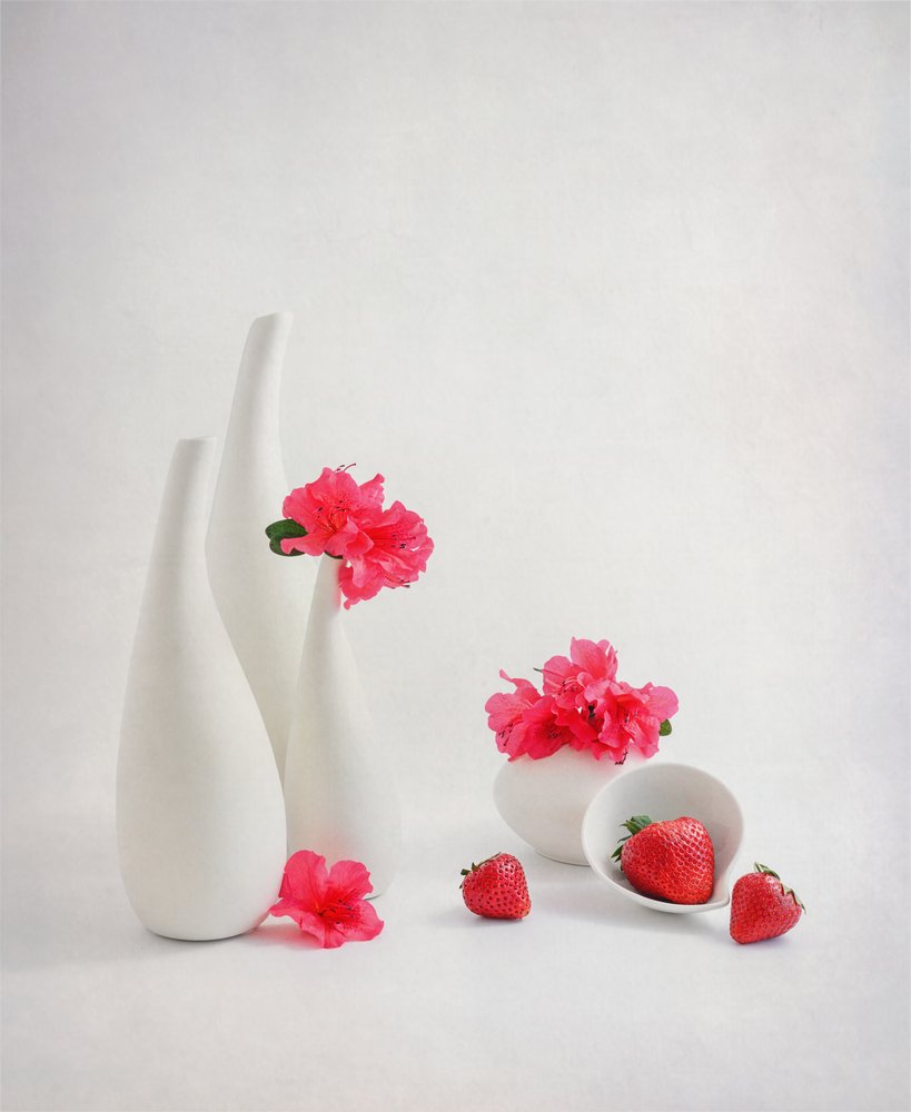 Fresas frescas y flores rosas de Alice Sheng
