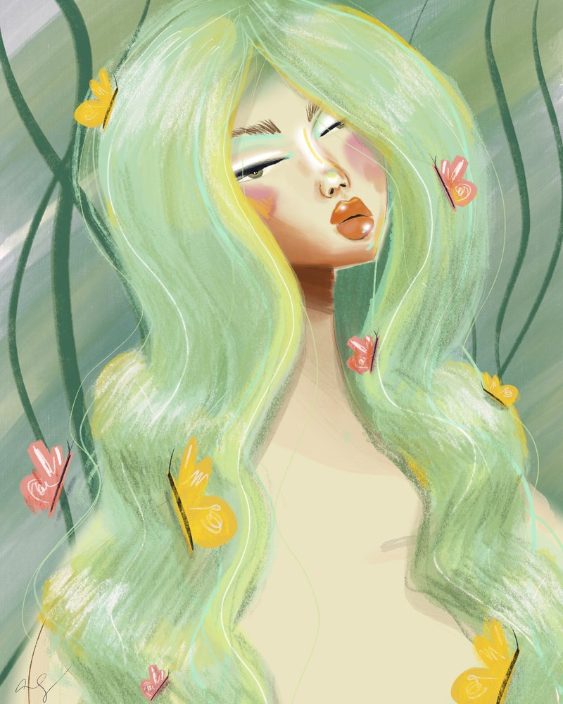 Mariposas verdes serenas en el pelo de Amy Straley