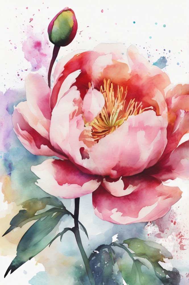 Acuarela de peonía rosa en flor de Anda Bieza