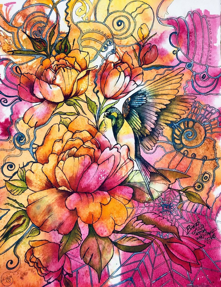Aves entre flores de vivos colores de Anda Bieza