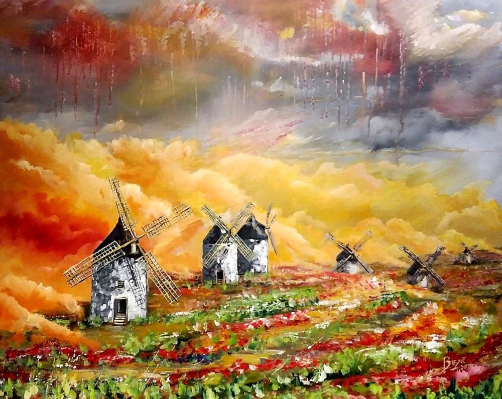 Molinos de viento sobre campos en llamas de Anda Bieza