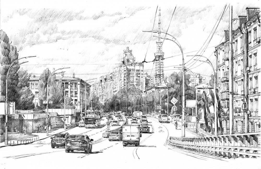 Boceto de una calle urbana bulliciosa de Andrii Kutsachenko