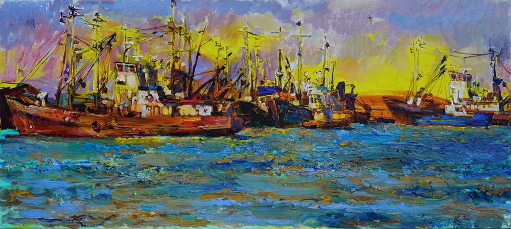 Barcos de pesca al atardecer de Andrii Kutsachenko