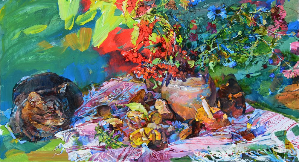 Naturaleza muerta con gato y flores de colores vivos de Andrii Kutsachenko