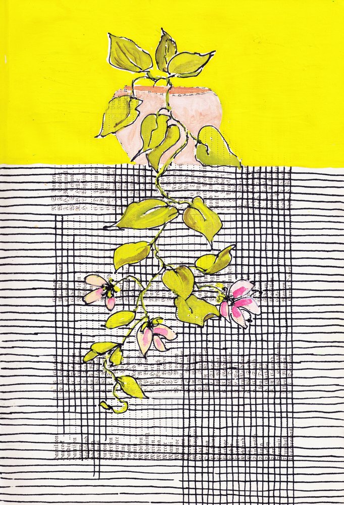 Enredadera en flor sobre un fondo geométrico de Annick