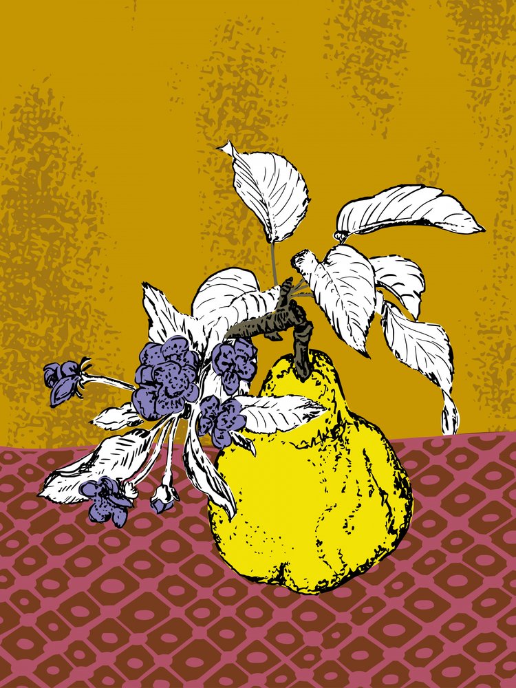 Membrillos y flores moradas de Annick