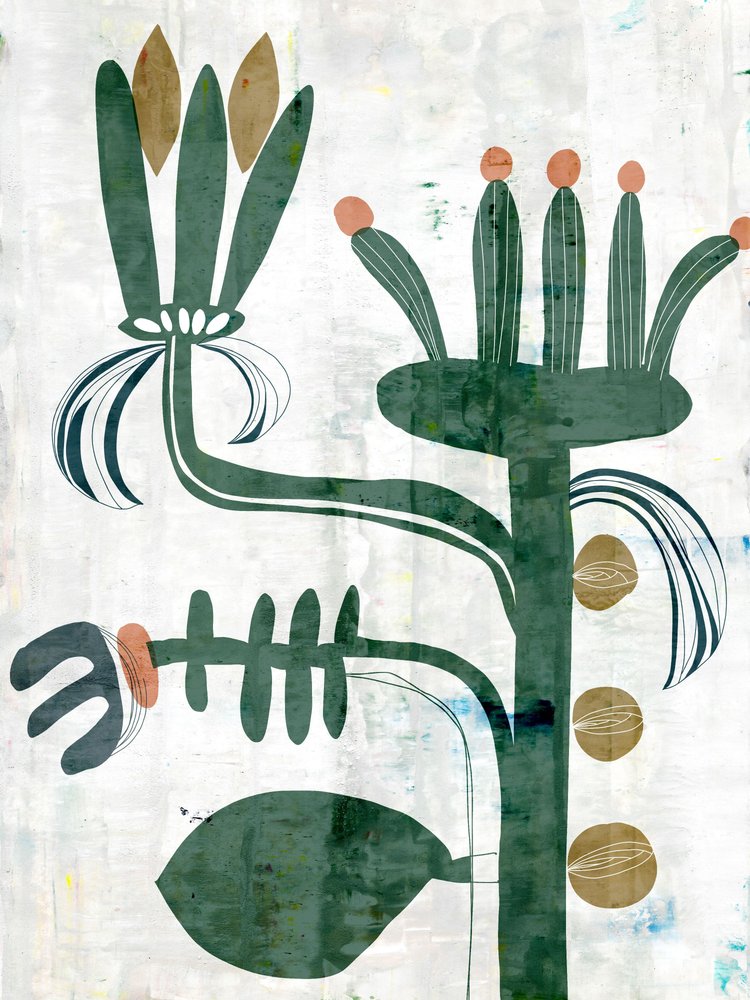 flores abstractas, fondo verde natural con textura y luz suave de Annick