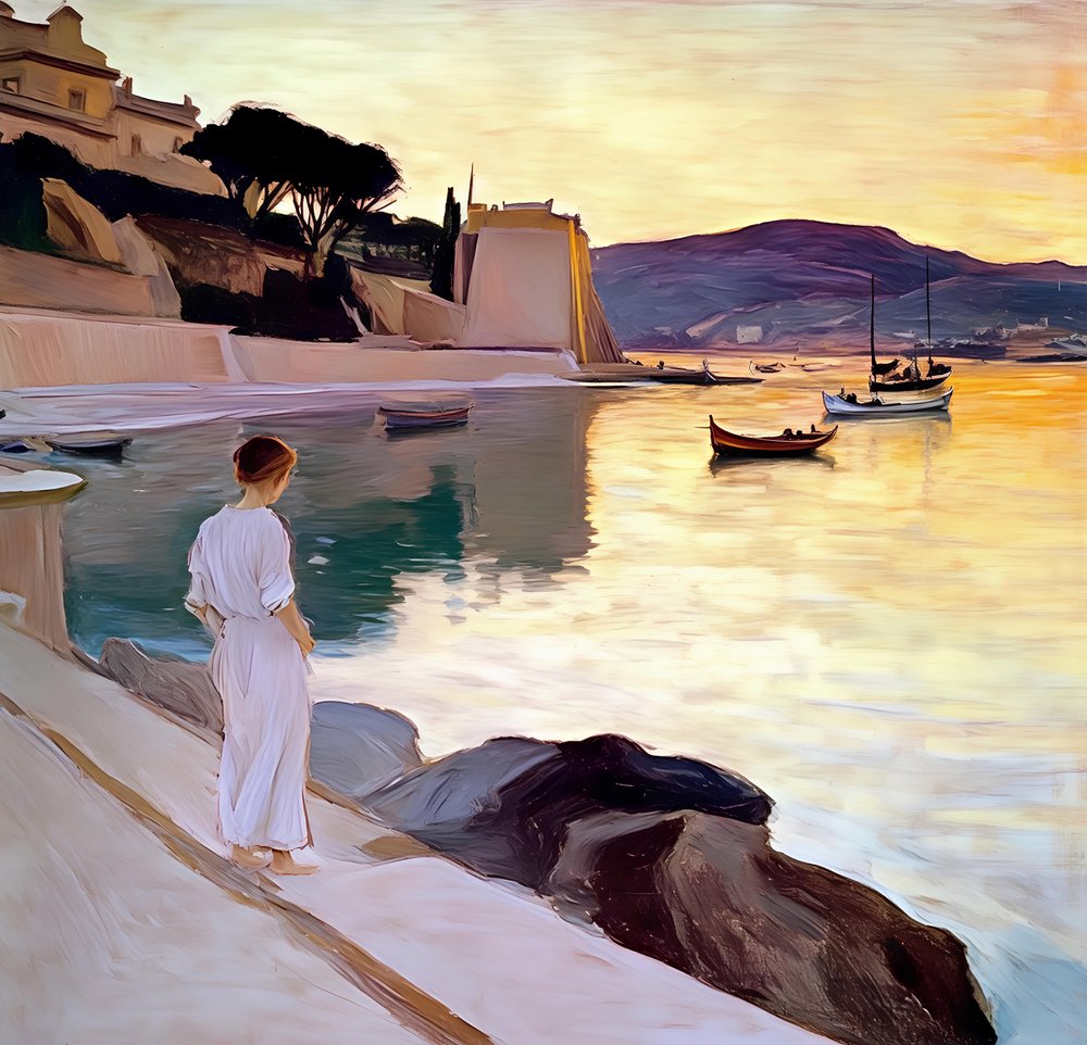 Una mujer en la costa al atardecer de Avanesova Elena