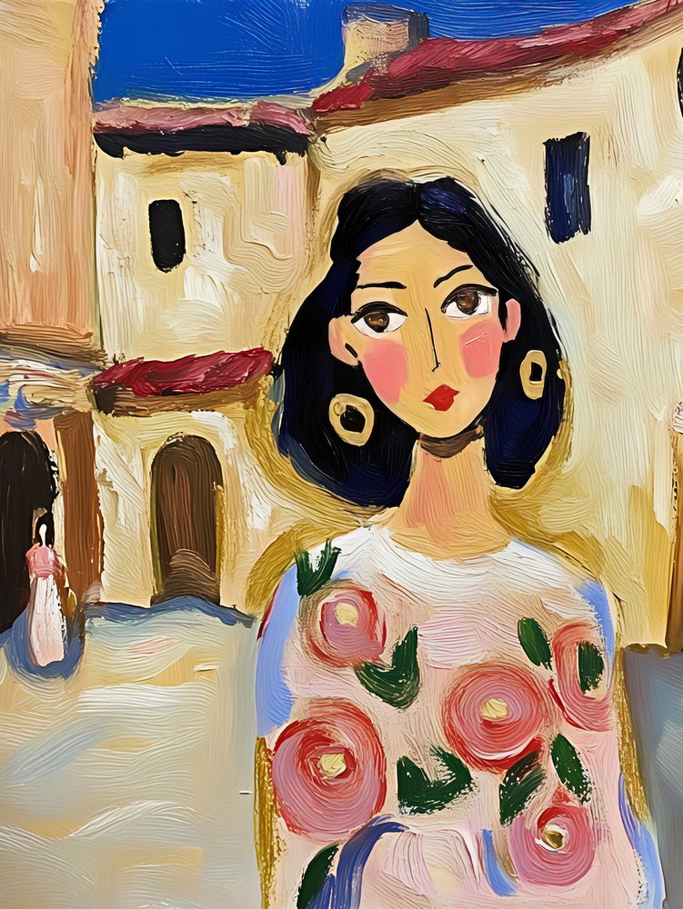 Mujer de pueblo con motivos florales pintados de Avanesova Elena