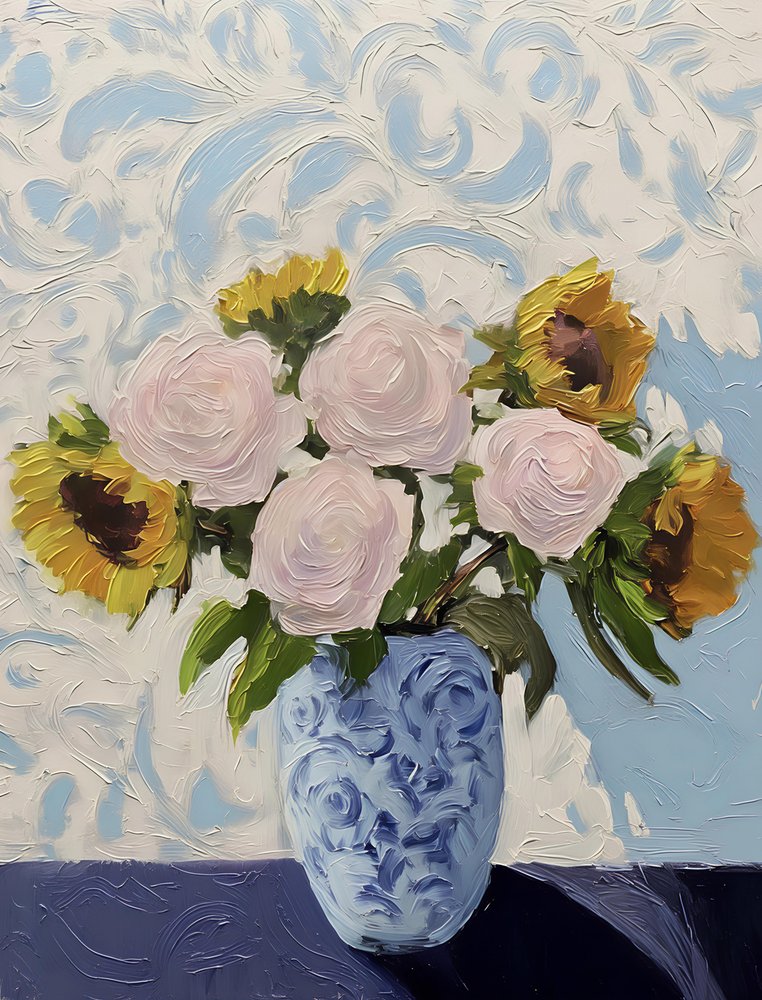 Rosas, girasoles y un jarrón azul de Avanesova Elena