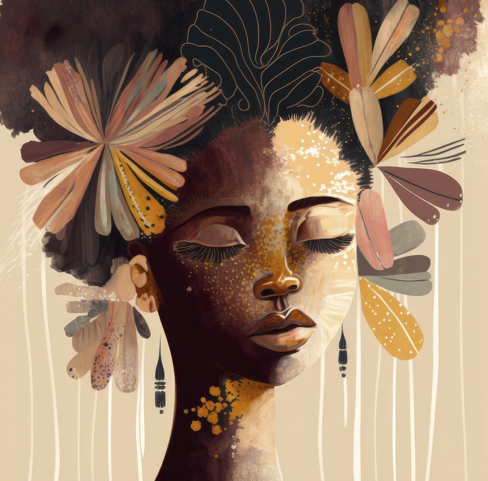 Belleza afro con motivos florales dorados de Bella Eve