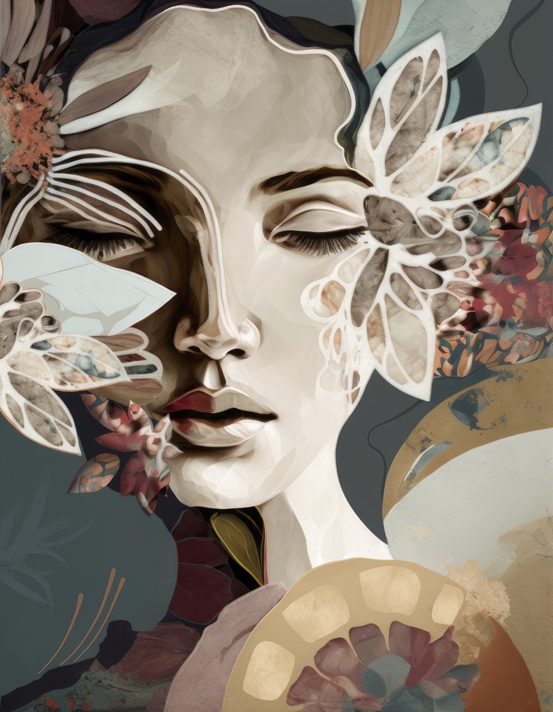 Retrato de una mujer con motivos florales de Bella Eve