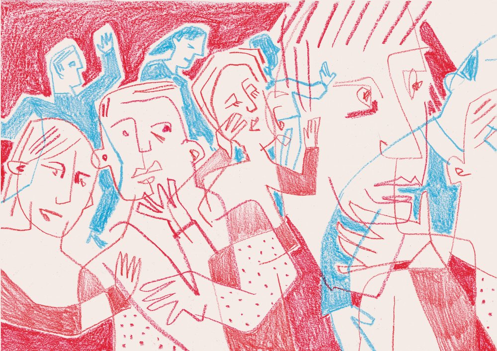 Figuras expresivas en rojo y azul de Catalina Somolinos