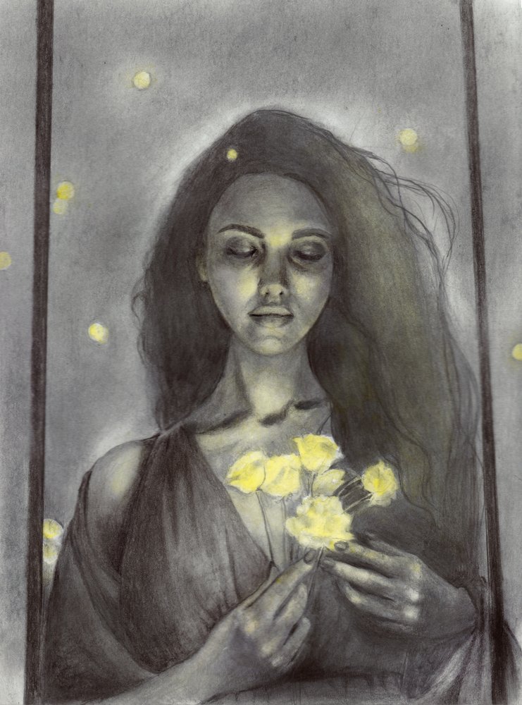 Mujer de ensueño y flores resplandecientes de Christine Lindstrom